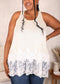 Plus Size Floral Lace Extender Tank Vest Crew Neck Loose Camisole Blouse Tops, Beige