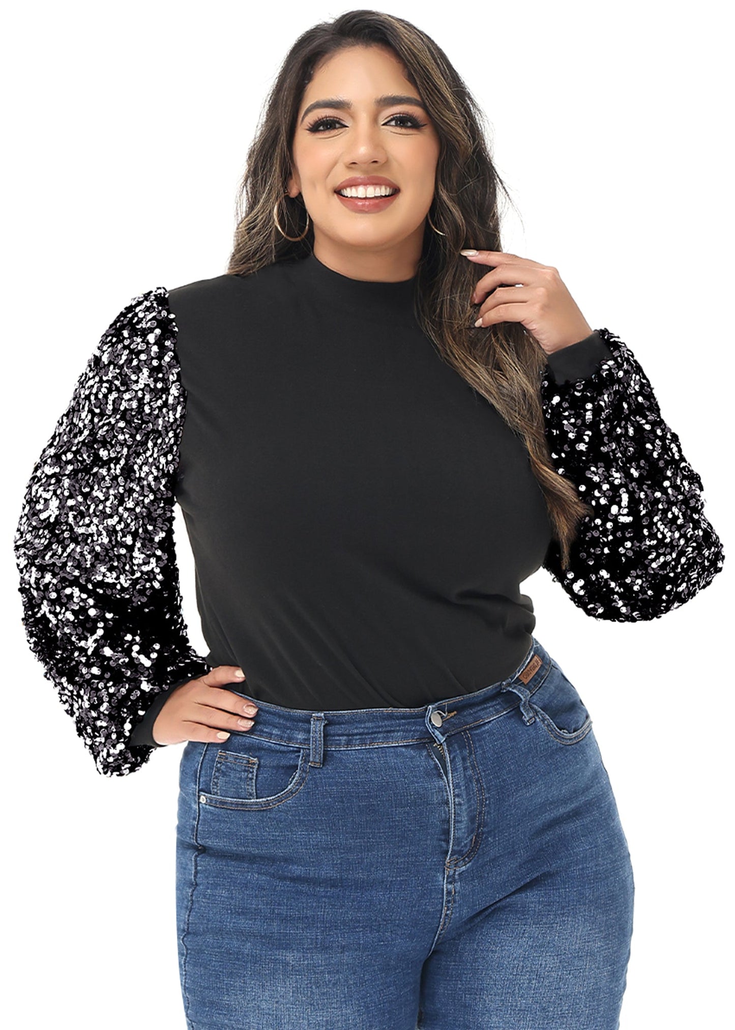 Anna-Kaci Women's Plus Size Sparkle Sequin Sweatshirt Mock Neck Pullover Long Sleeve Glitter Party Tops