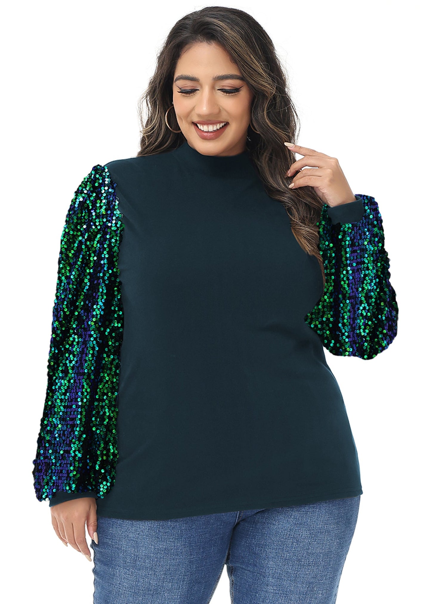 Anna-Kaci Women's Plus Size Sparkle Sequin Sweatshirt Mock Neck Pullover Long Sleeve Glitter Party Tops