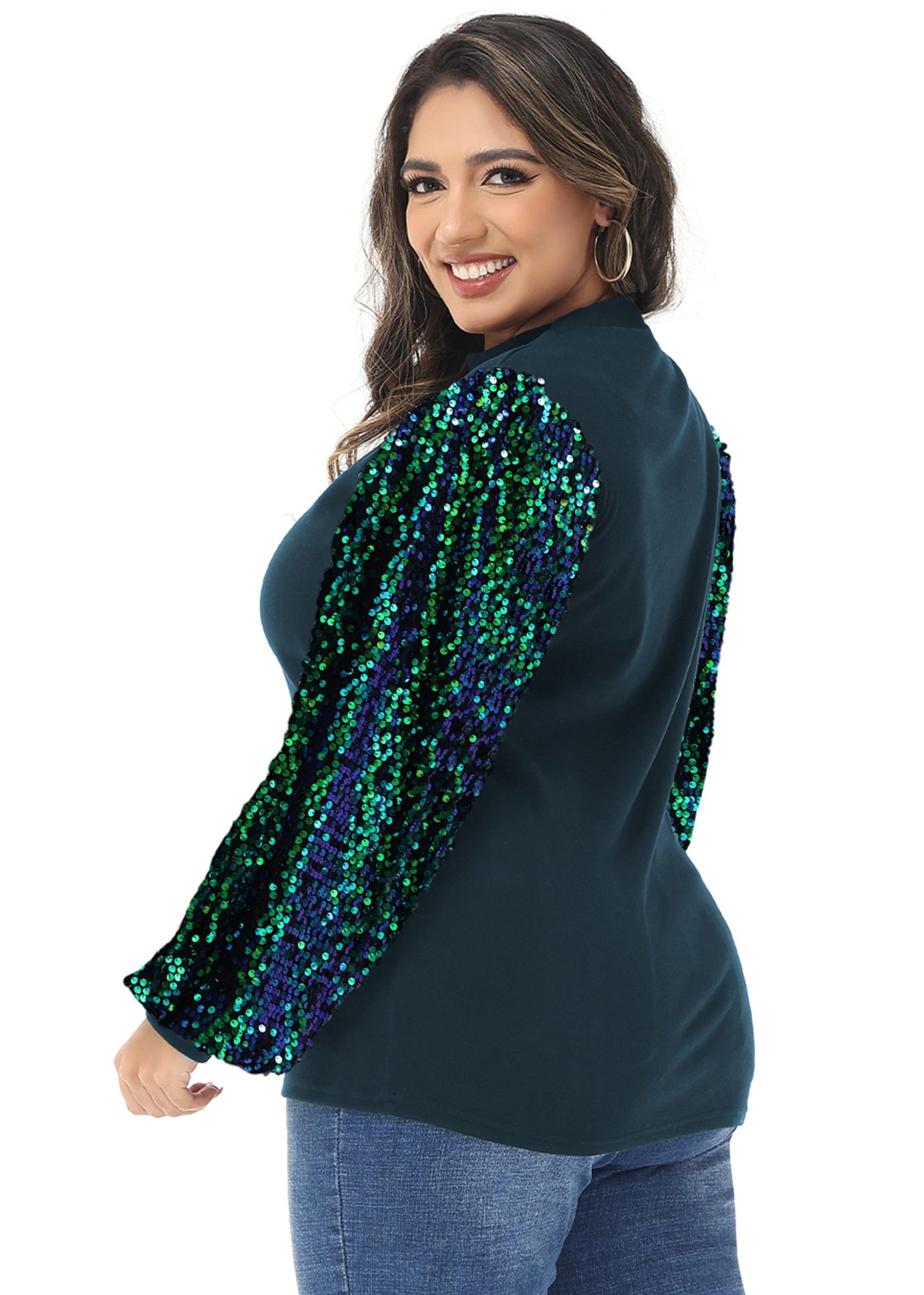 Anna-Kaci Women's Plus Size Sparkle Sequin Sweatshirt Mock Neck Pullover Long Sleeve Glitter Party Tops