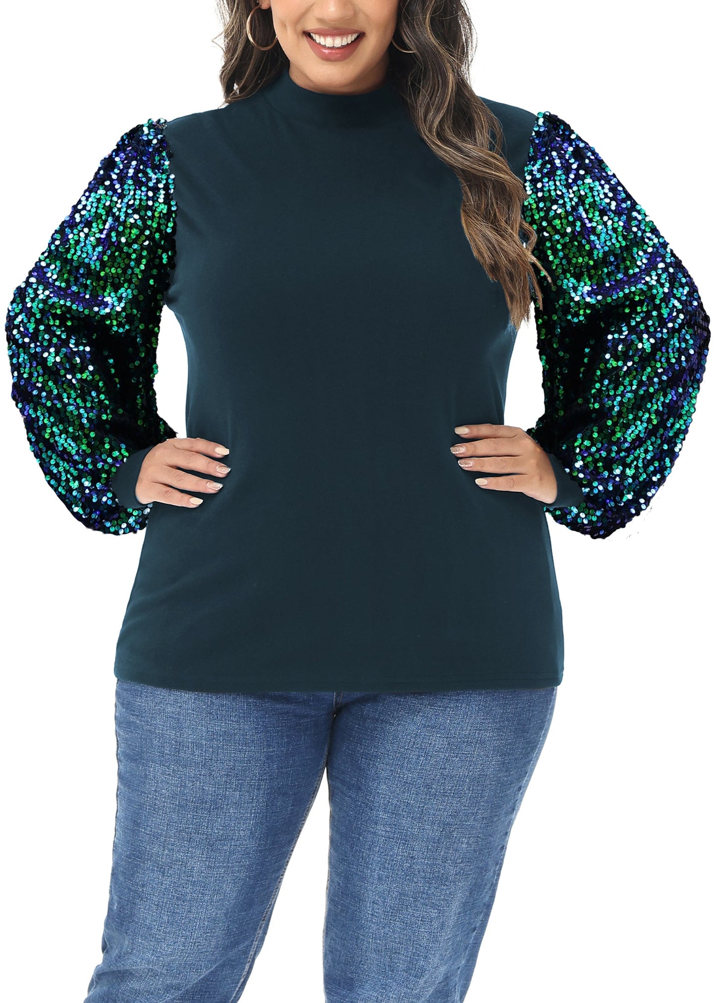 Anna-Kaci Women's Plus Size Sparkle Sequin Sweatshirt Mock Neck Pullover Long Sleeve Glitter Party Tops