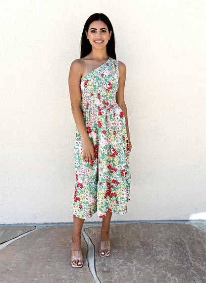 Easy on the Eyes Floral One Shoulder Dress