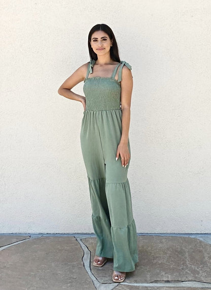 Tie Shoulder Tiered Jumpsuit