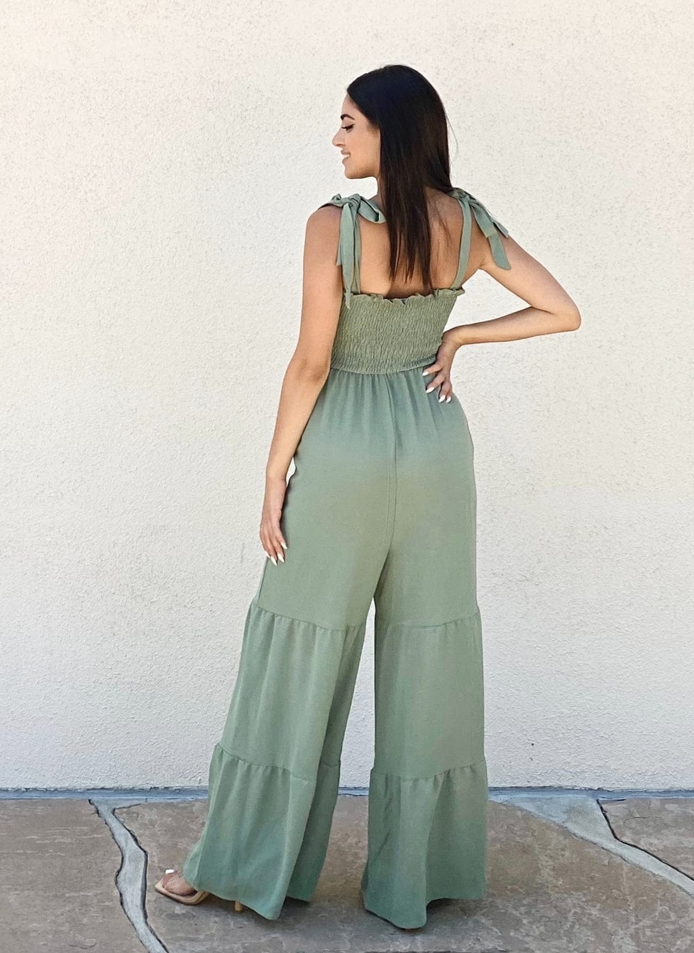 Tie Shoulder Tiered Jumpsuit