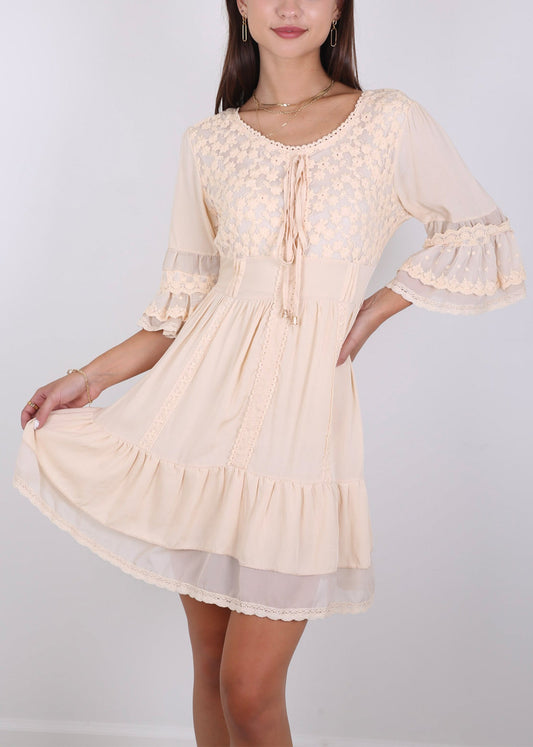 Boho Peasant Floral Lace Ruffle Hem Bell Sleeve Mini Dress