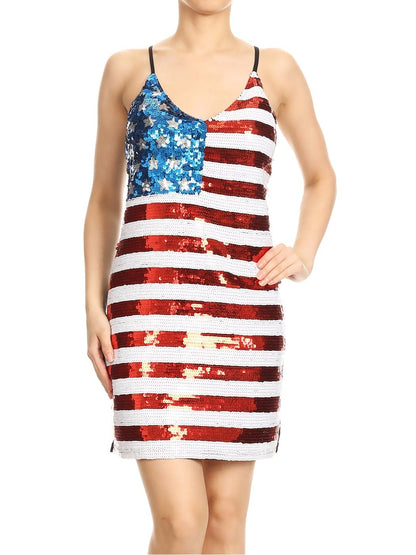 Spaghetti Strap Sleeveless USA American Flag Patriotic Sequin Dress, Red, White, and Blue Anna-Kaci Wholesale Spaghetti Strap Sleeveless USA American Flag Patriotic Sequin Dress, Red, White, and Blue Anna-Kaci Wholesale