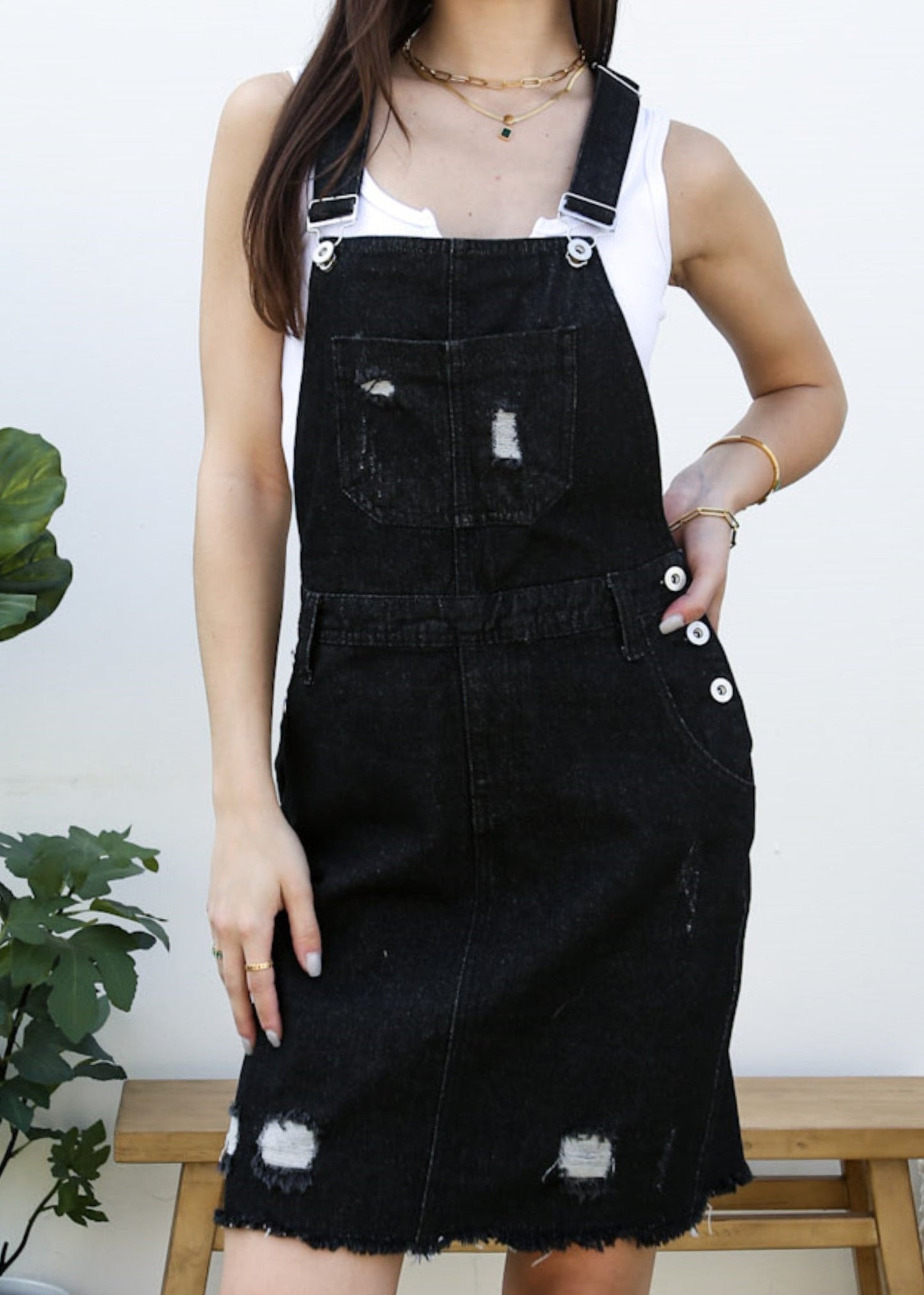 Distressed Denim Overall Midi Dress