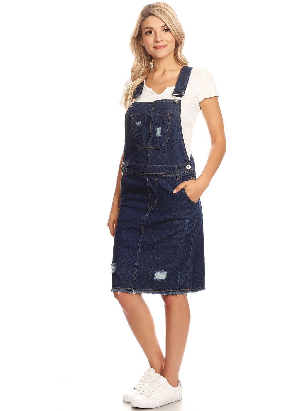 Distressed Denim Overall Midi Dress