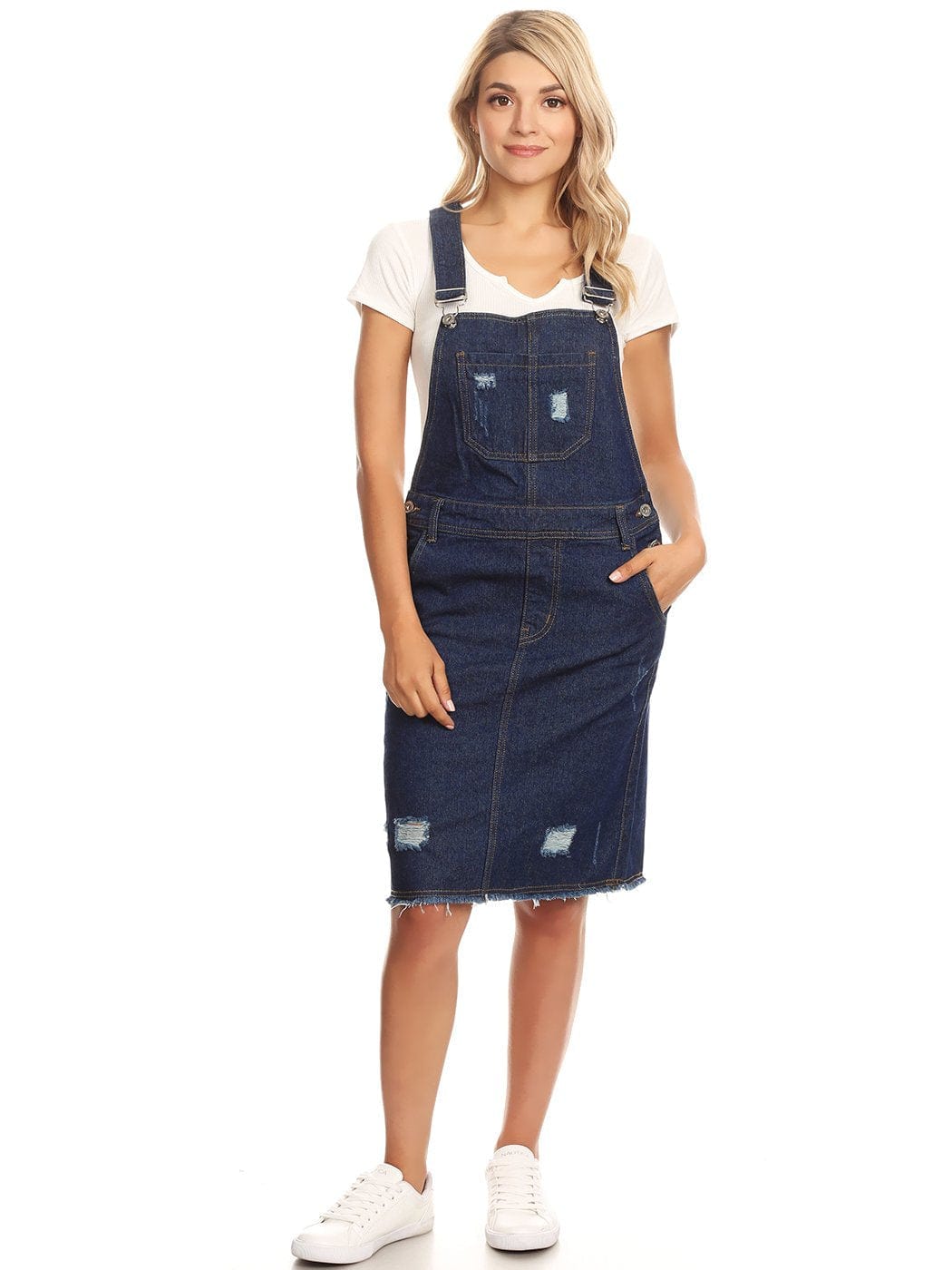 Distressed Denim Overall Midi Dress