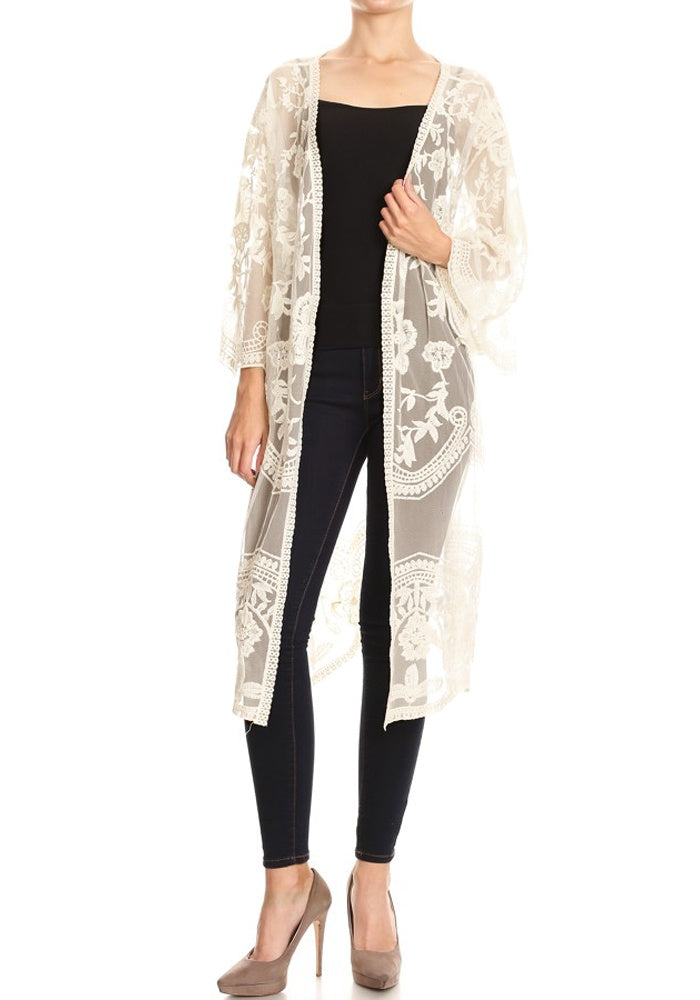 Embroidered Floral Butterfly Kimono Cover Up Cardigan