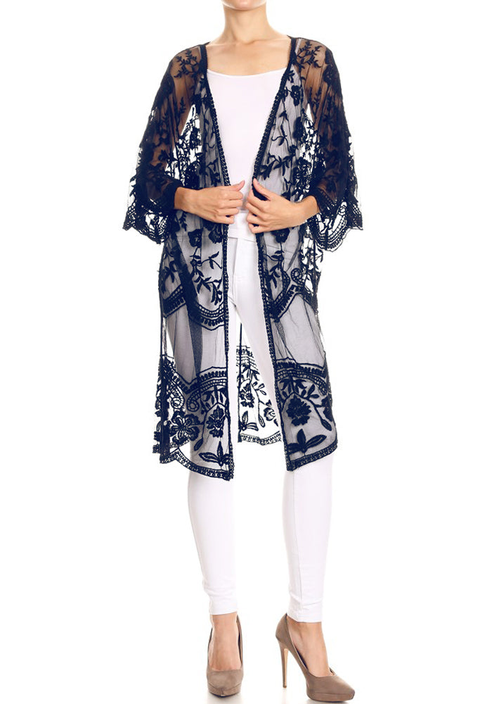 Embroidered Floral Butterfly Kimono Cover Up Cardigan