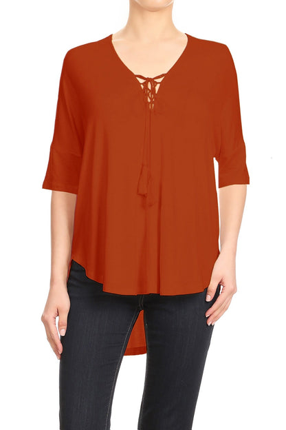 Womens Casual Lace Up V-Neck Loose Fit Top with Short Dolman Sleeves