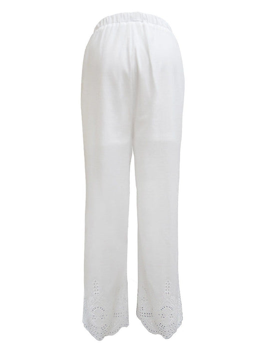 Anna-Kaci Womens Elastic Waist Loose Fit Casual Cotton Straight Leg Lounge Pants, White, Small