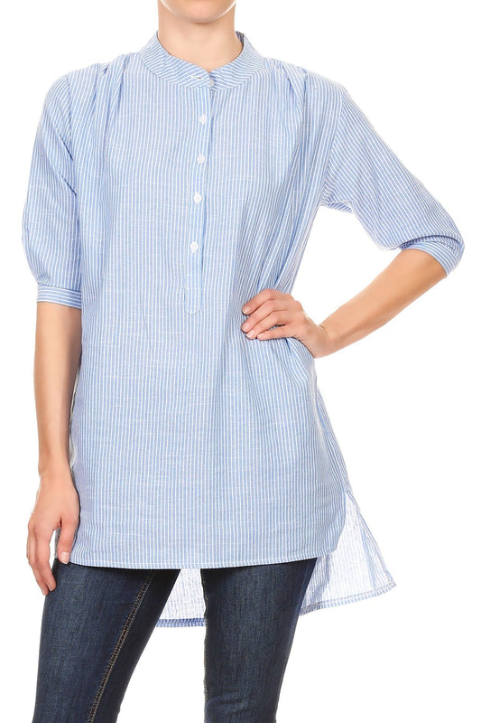 Womens Casual Woven Chambray Half Button up Long Stripe Shirt