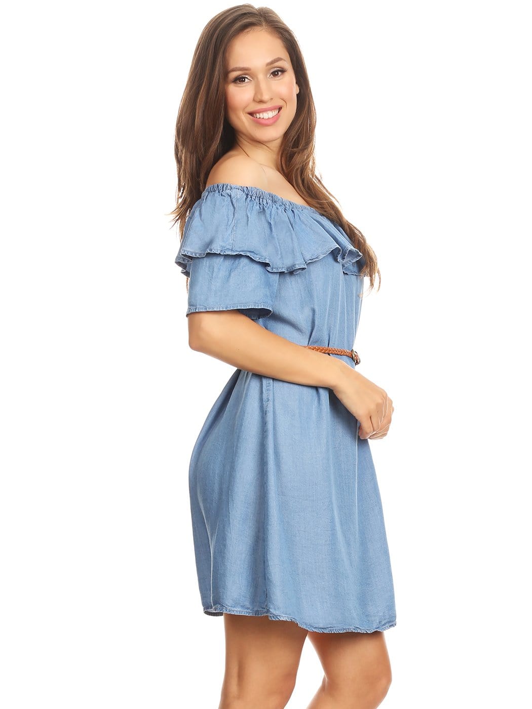 Anna-Kaci Womens Off Shoulder Comfy Casual Ruffle Short Denim Slip Dress