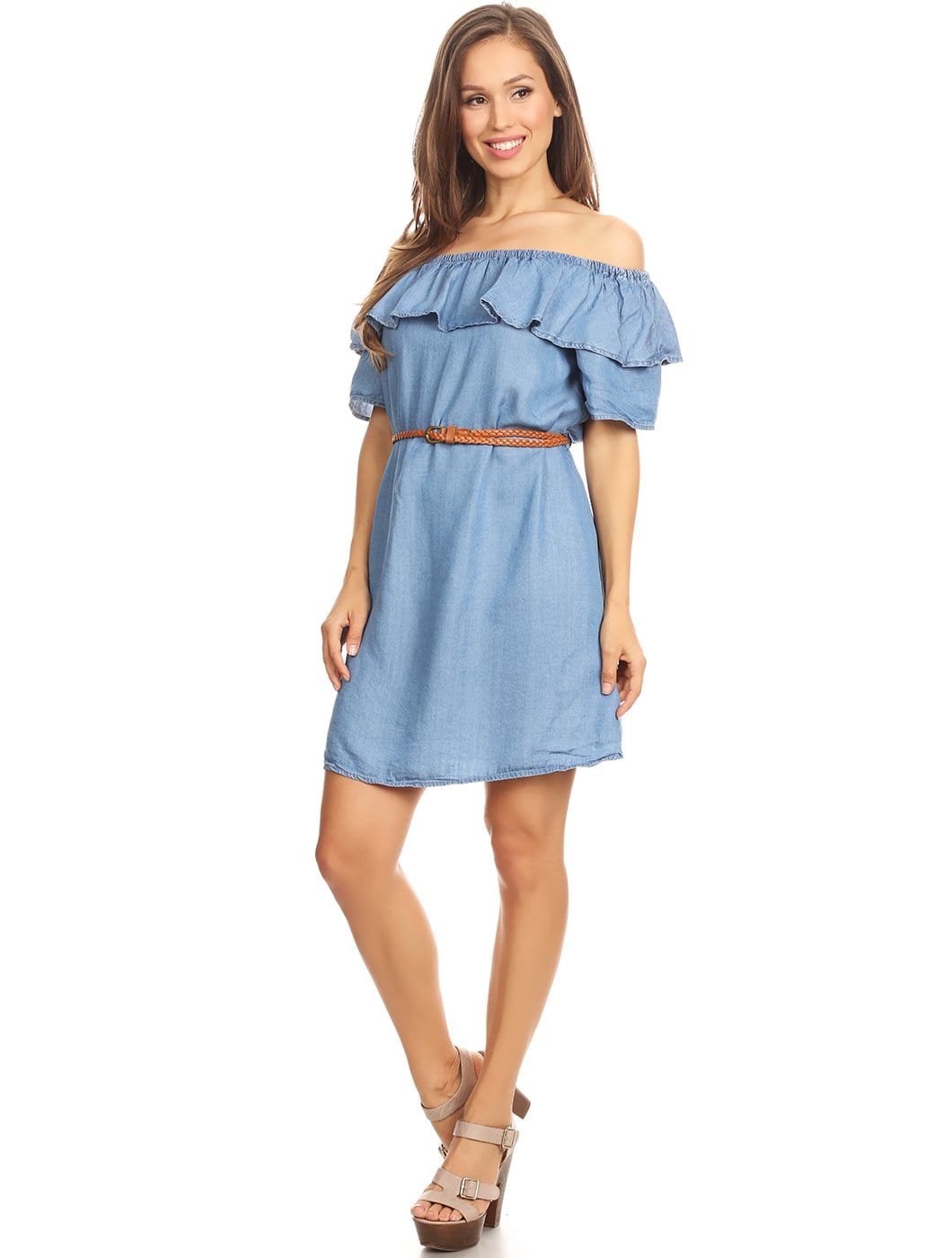 Anna-Kaci Womens Off Shoulder Comfy Casual Ruffle Short Denim Slip Dress