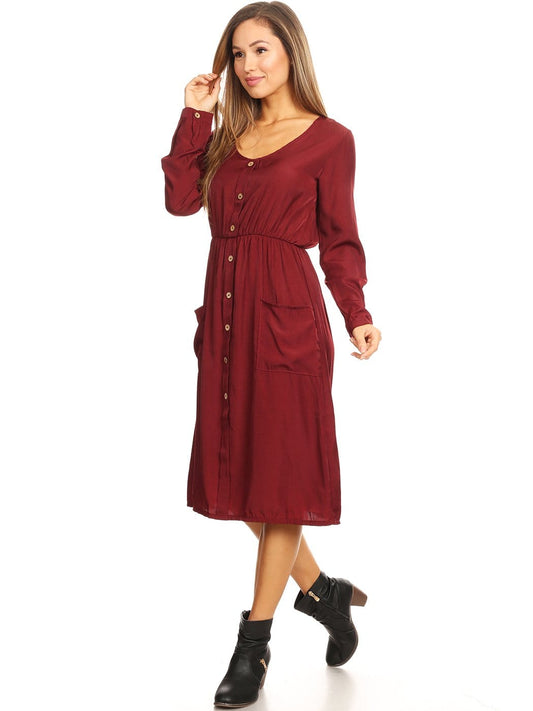 Long-Sleeve Button Down Swing Dress