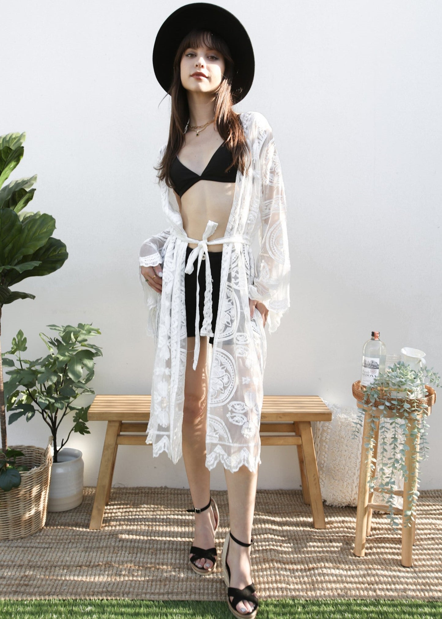 Lace Embroidered Kimono Swimsuit Cover-Up