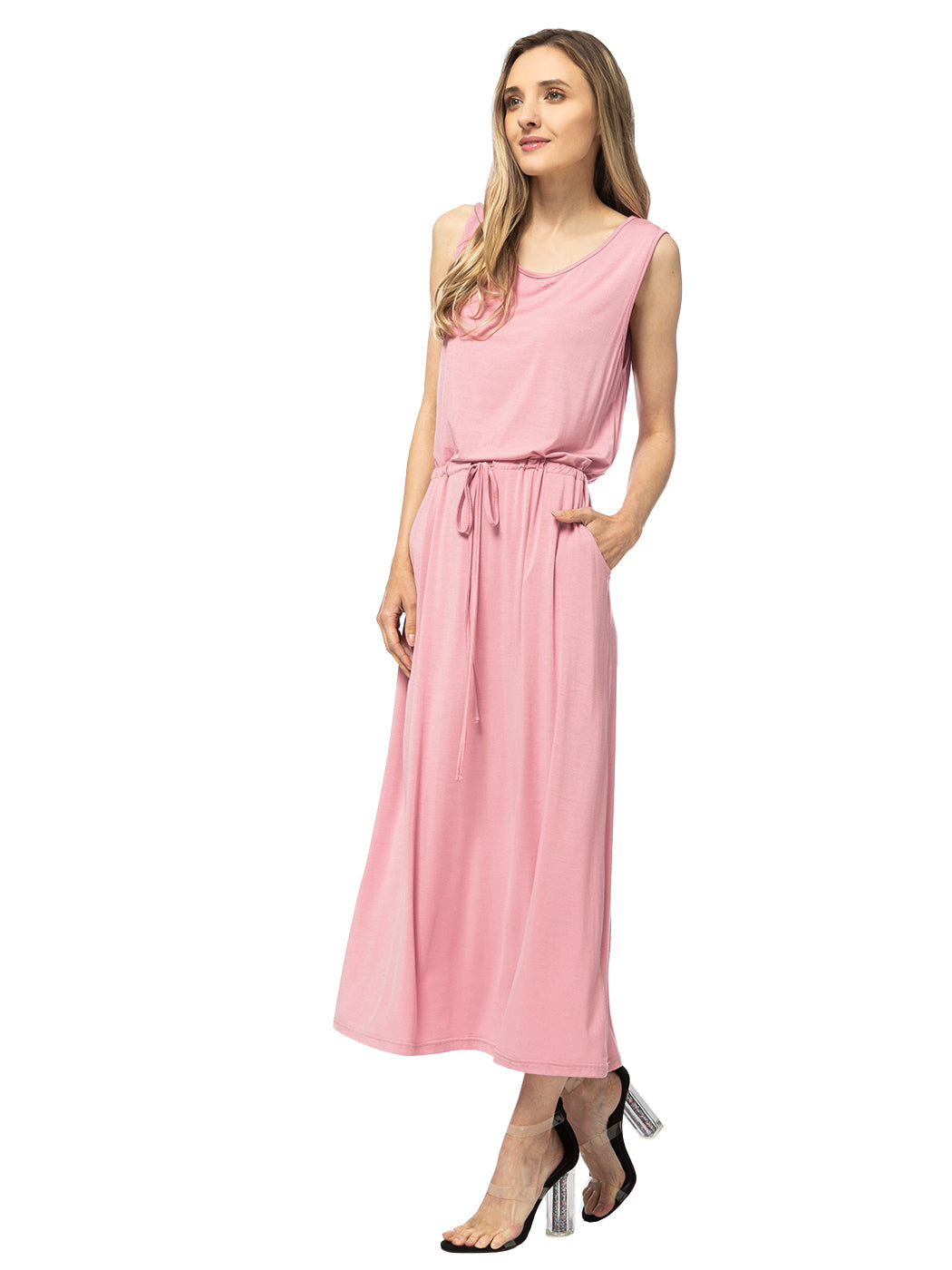 Sleeveless Maxi Length Drawstring Dress