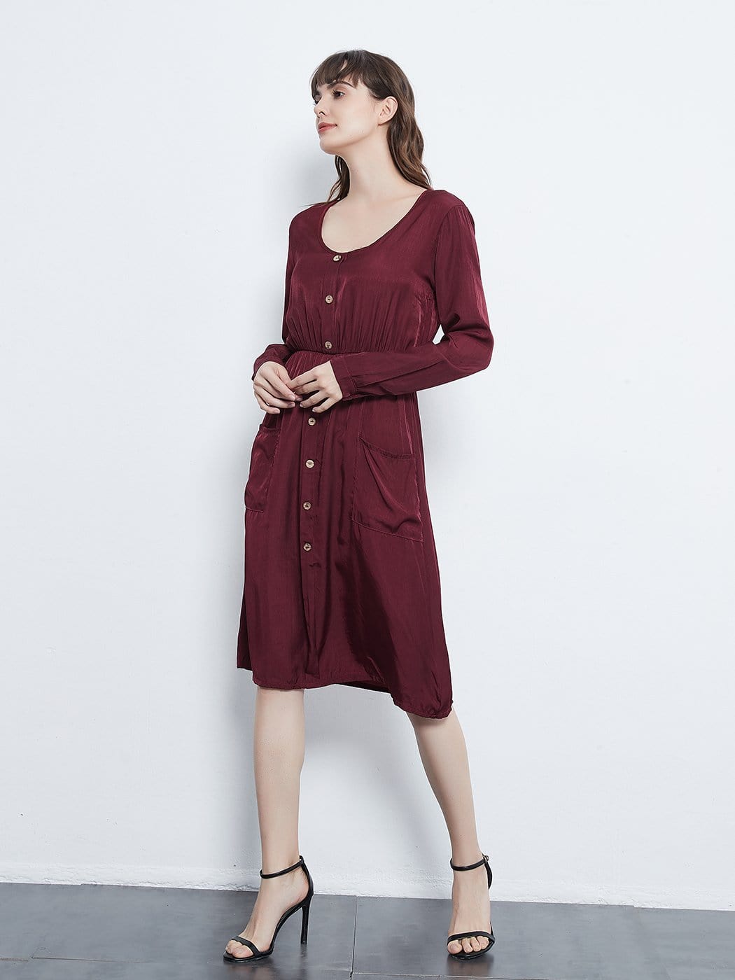 Long Sleeve Round Neck Button Dress With Pockets