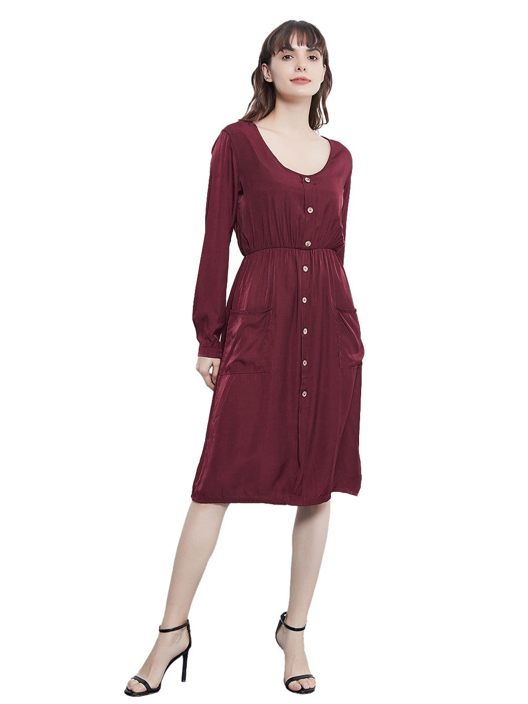 Long Sleeve Round Neck Button Dress With Pockets