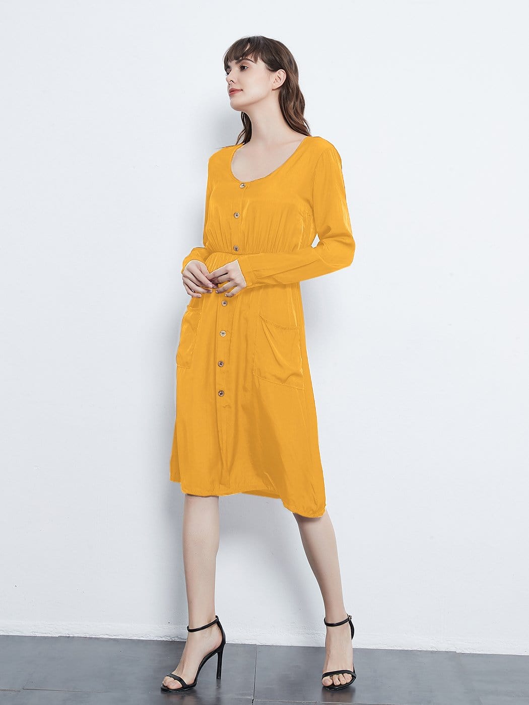 Long Sleeve Round Neck Button Dress With Pockets