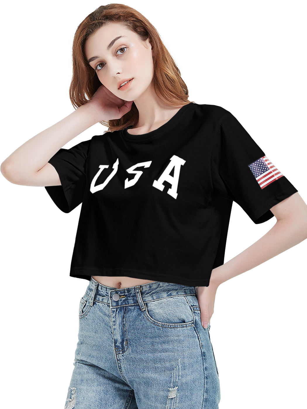 Anna-Kaci Women's Letter Print Crop Top Short Sleeve July 4th USA Flag T-Shirt