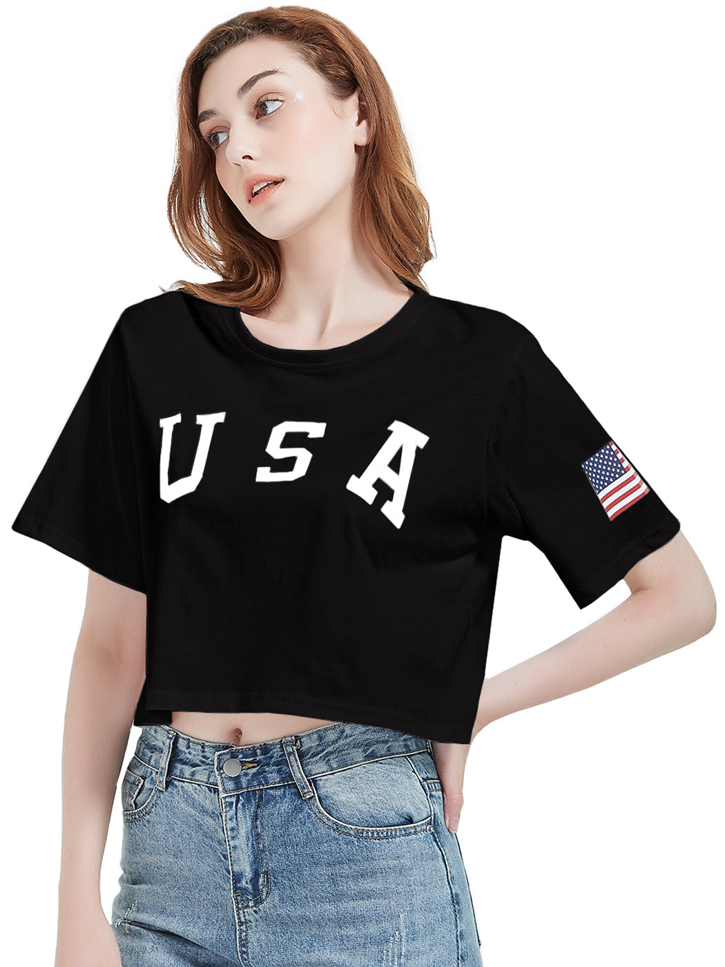 Anna-Kaci Women's Letter Print Crop Top Short Sleeve July 4th USA Flag T-Shirt