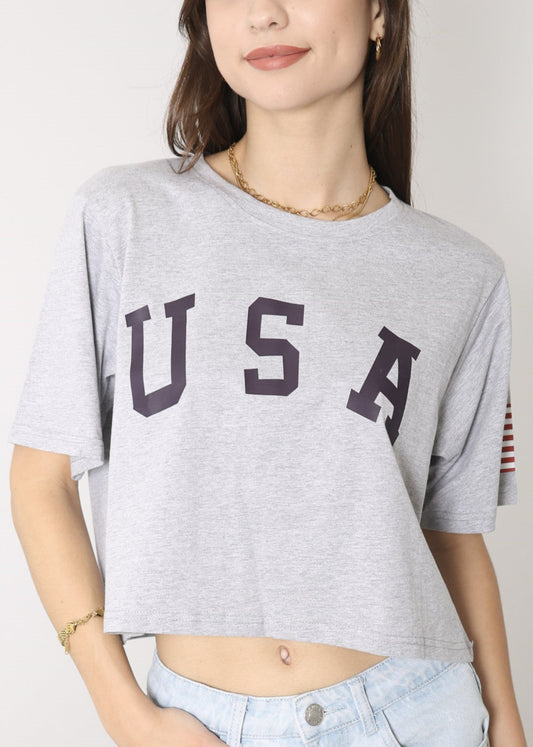 Anna-Kaci Women's Letter Print Crop Top Short Sleeve July 4th USA Flag T-Shirt