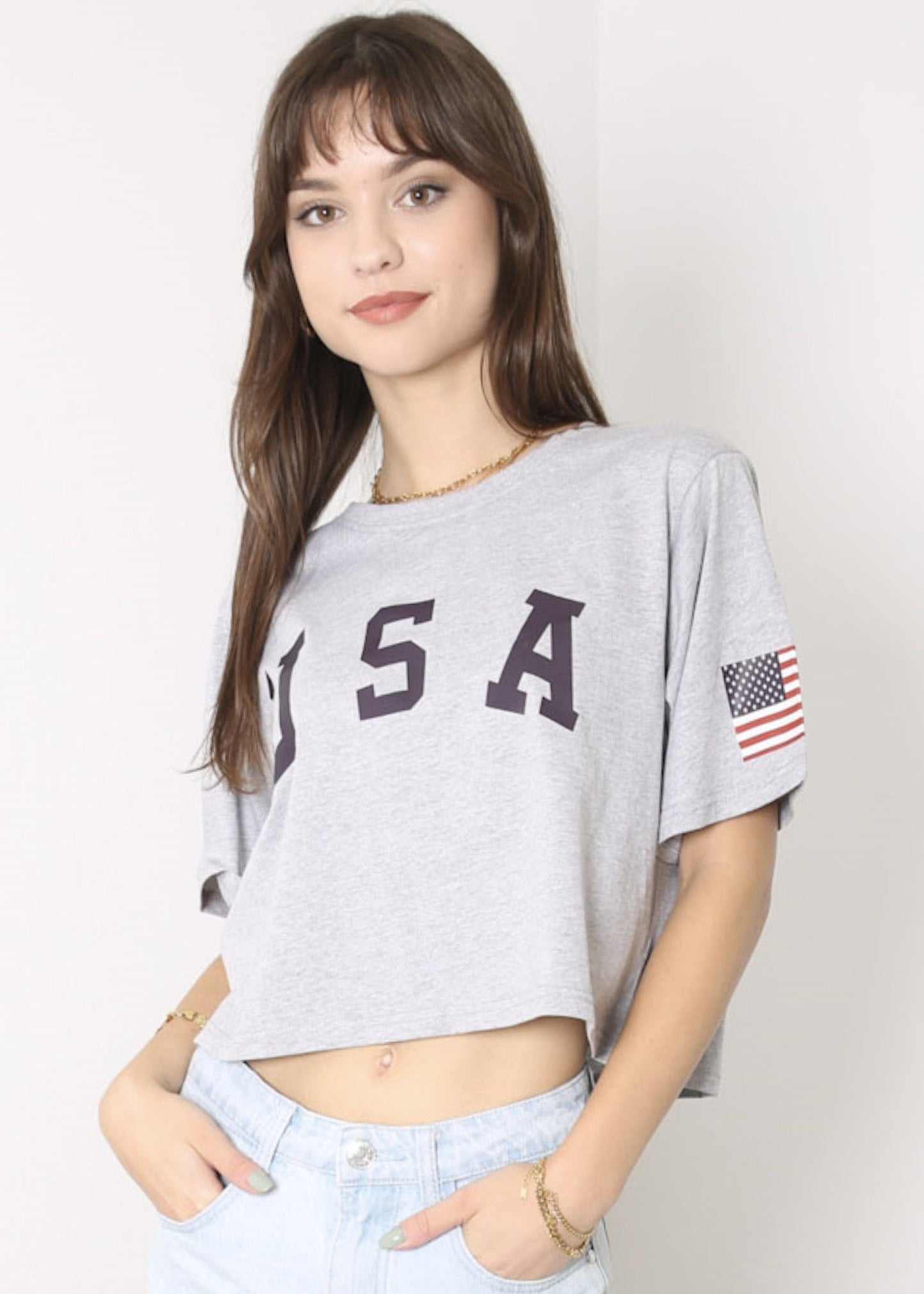 Anna-Kaci Women's Letter Print Crop Top Short Sleeve July 4th USA Flag T-Shirt