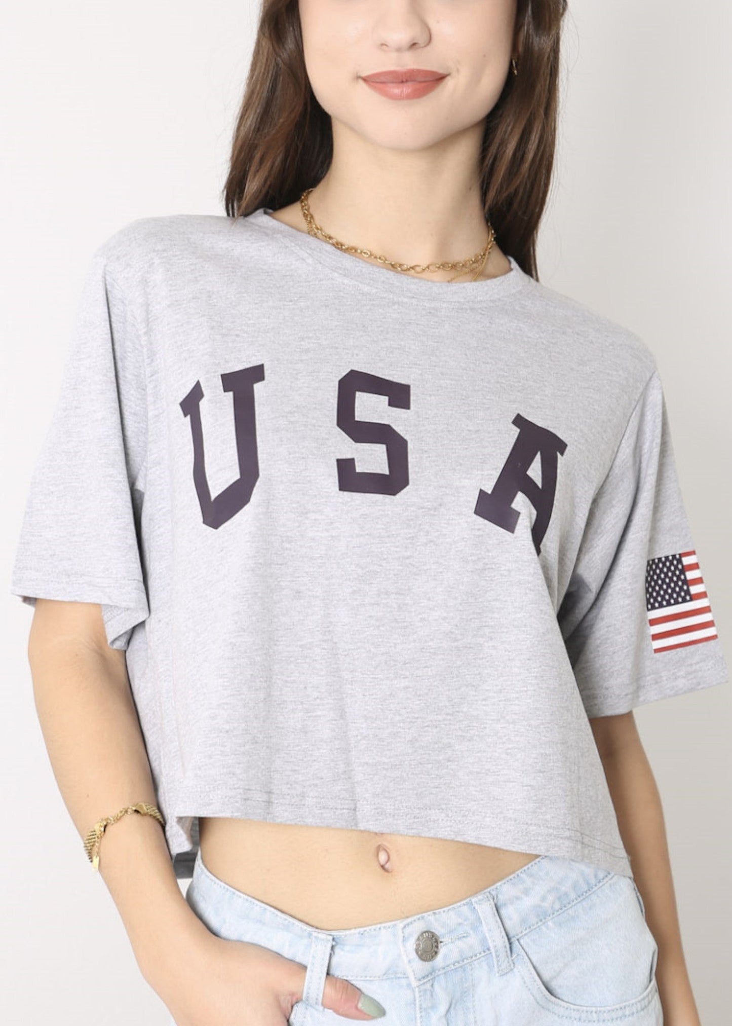 Anna-Kaci Women's Letter Print Crop Top Short Sleeve July 4th USA Flag T-Shirt