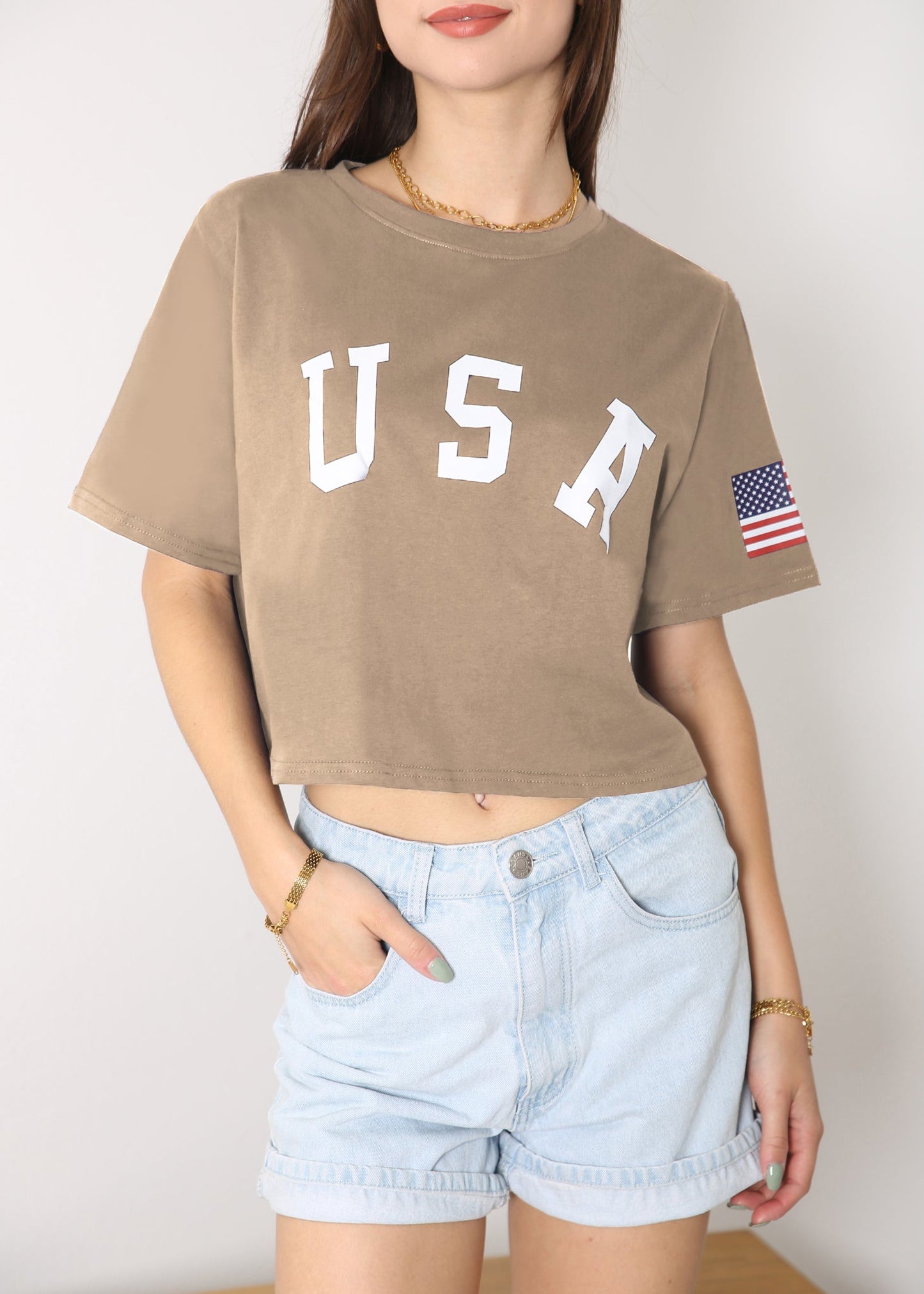 Anna-Kaci Women's Letter Print Crop Top Short Sleeve July 4th USA Flag T-Shirt