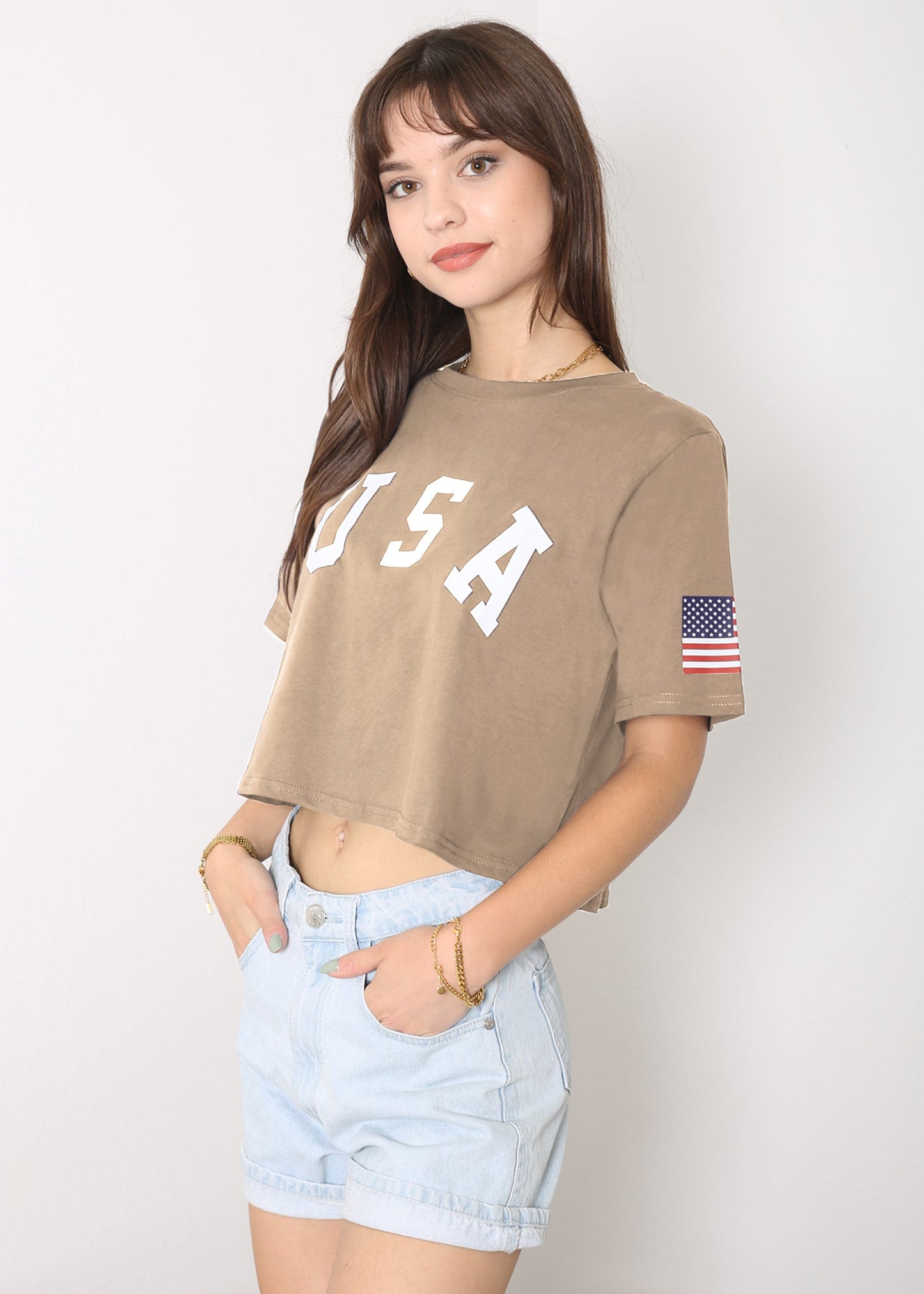 Anna-Kaci Women's Letter Print Crop Top Short Sleeve July 4th USA Flag T-Shirt