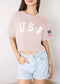 Anna-Kaci Women's Letter Print Crop Top Short Sleeve July 4th USA Flag T-Shirt