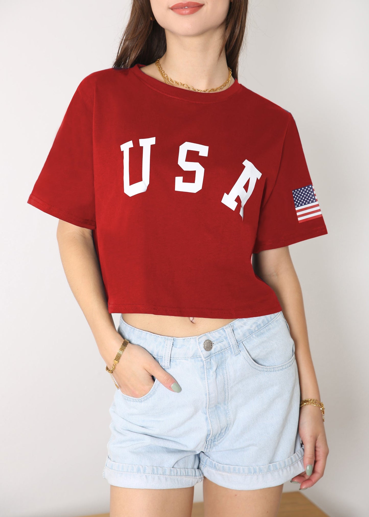 Anna-Kaci Women's Letter Print Crop Top Short Sleeve July 4th USA Flag T-Shirt