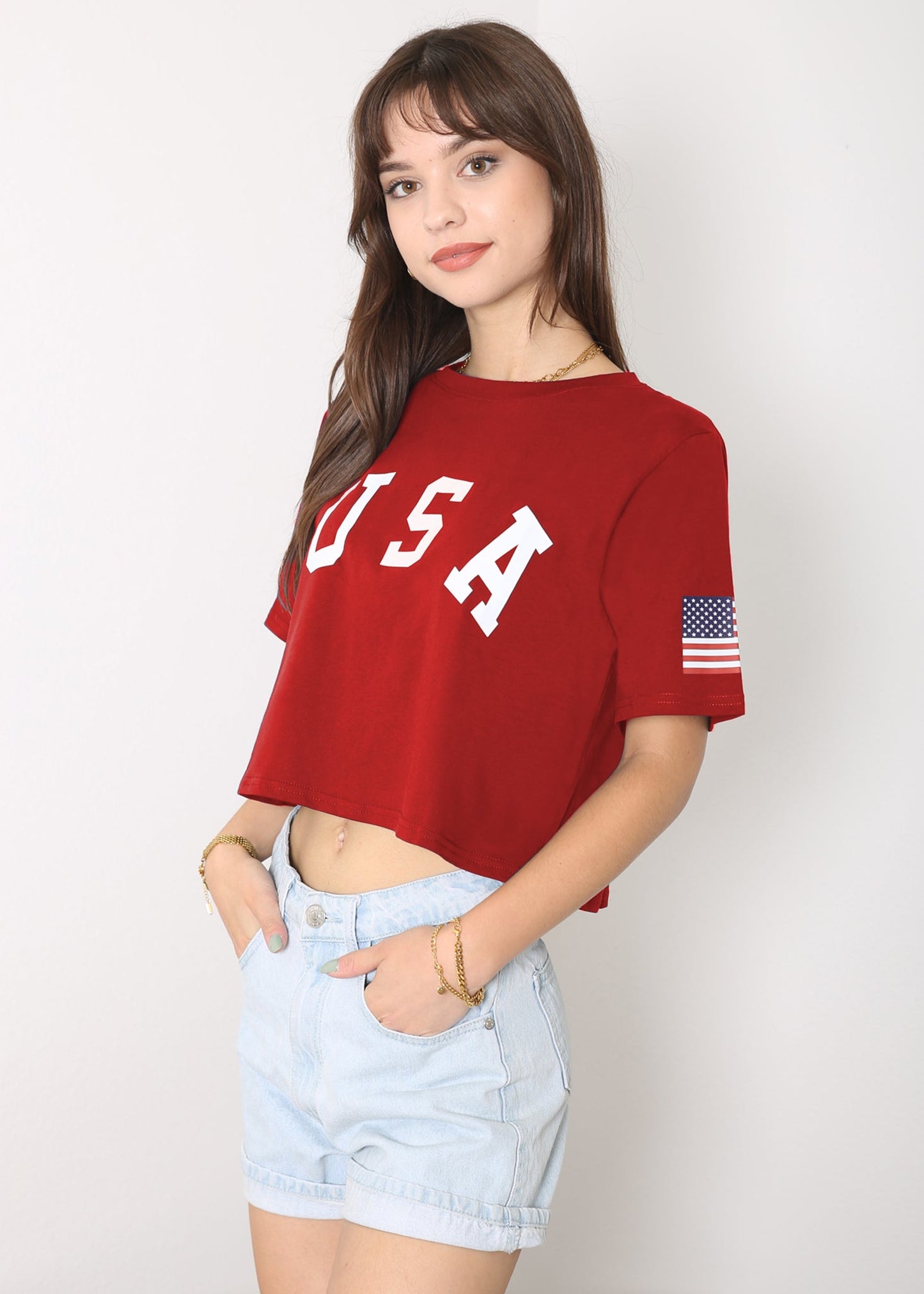 Anna-Kaci Women's Letter Print Crop Top Short Sleeve July 4th USA Flag T-Shirt