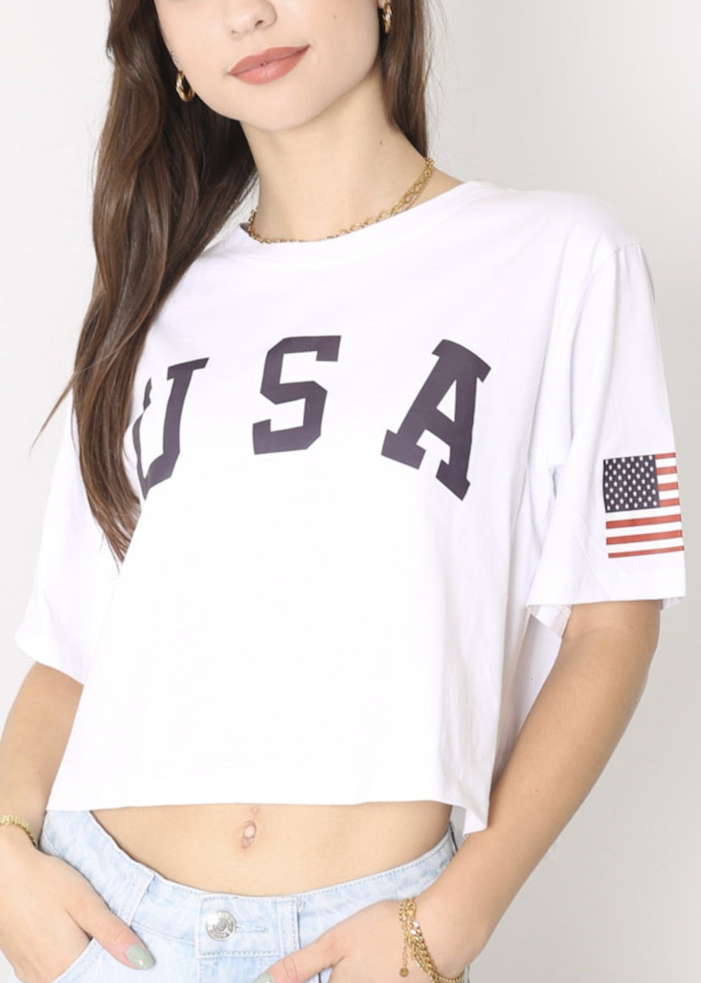 Anna-Kaci Women's Letter Print Crop Top Short Sleeve July 4th USA Flag T-Shirt