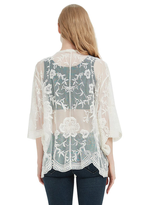 Womens Short Embroidered Lace Kimono Crop Cardigan with Half Sleeves