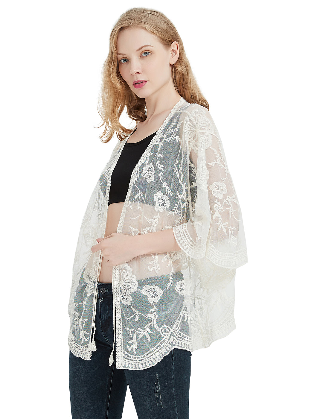 Short Embroidered Lace Kimono Crop Cardigan with Half Sleeves