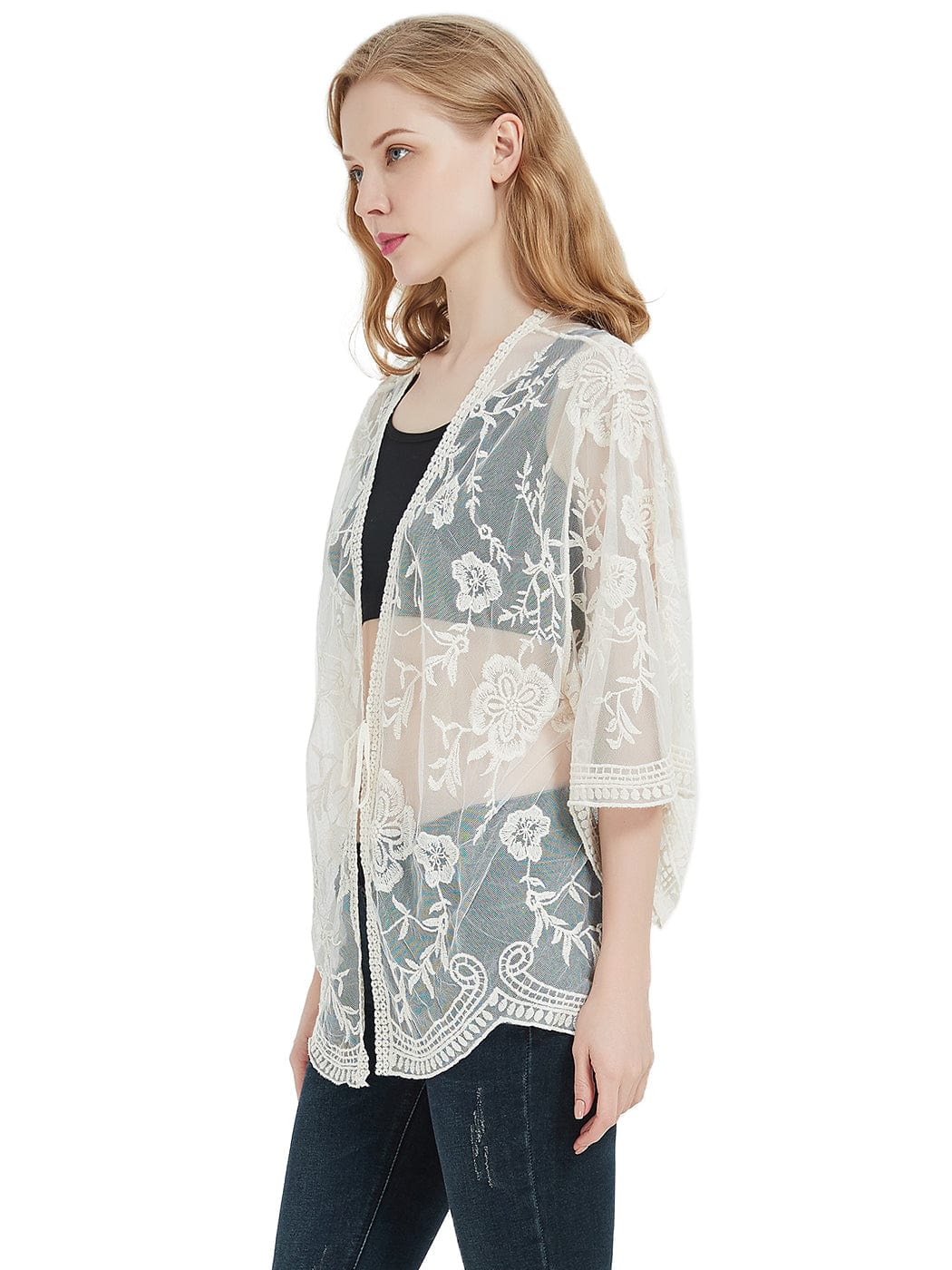 Womens Short Embroidered Lace Kimono Crop Cardigan with Half Sleeves