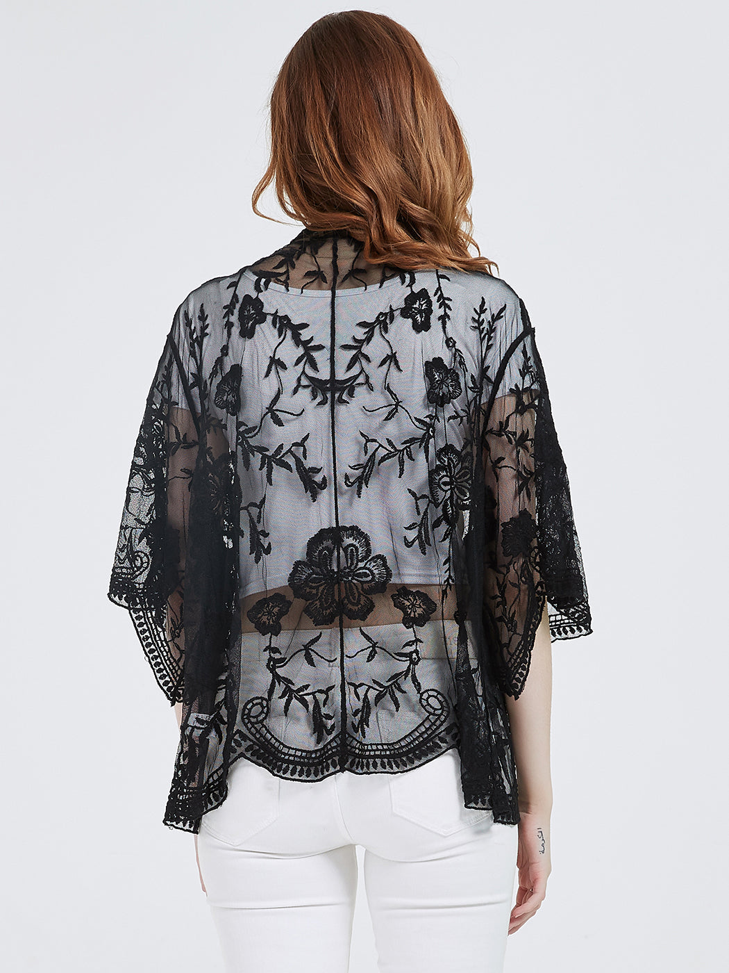 Short Embroidered Lace Kimono Crop Cardigan with Half Sleeves