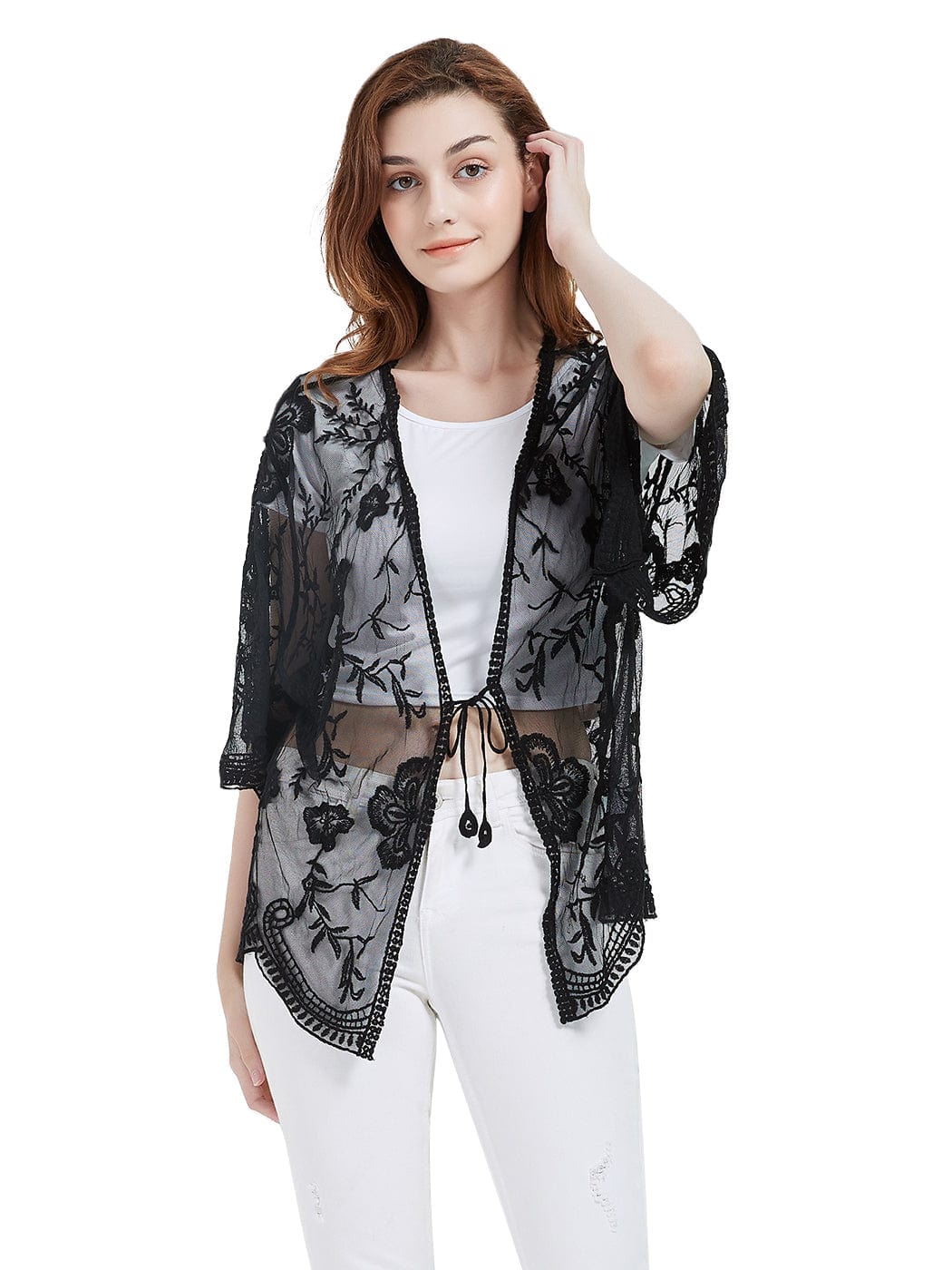 Womens Short Embroidered Lace Kimono Crop Cardigan with Half Sleeves