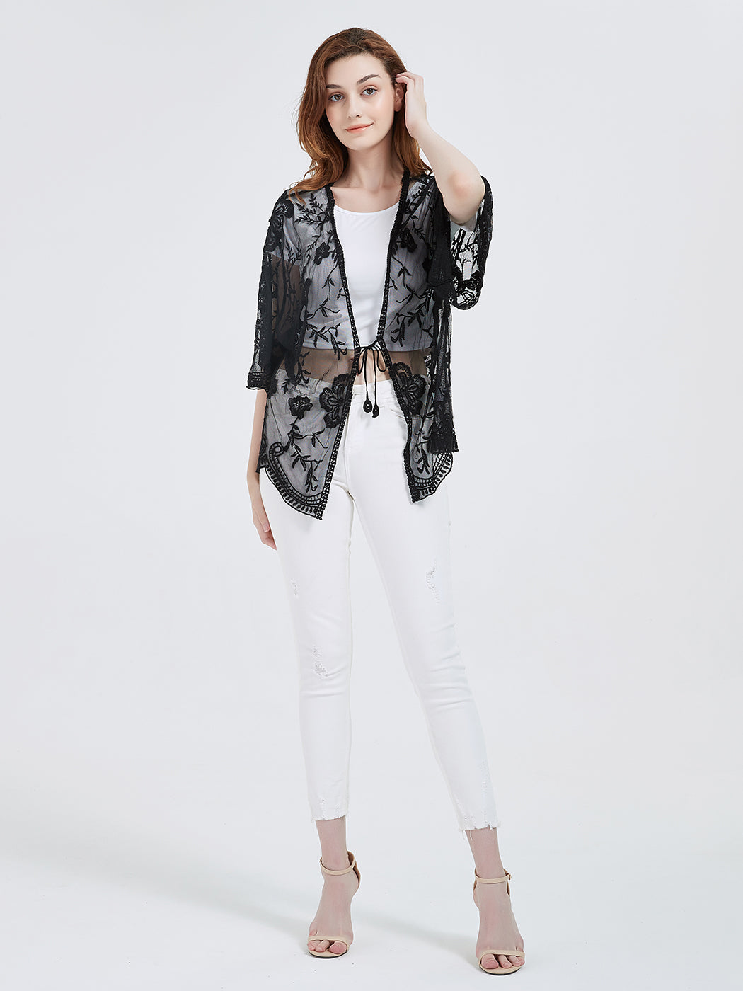 Short Embroidered Lace Kimono Crop Cardigan with Half Sleeves