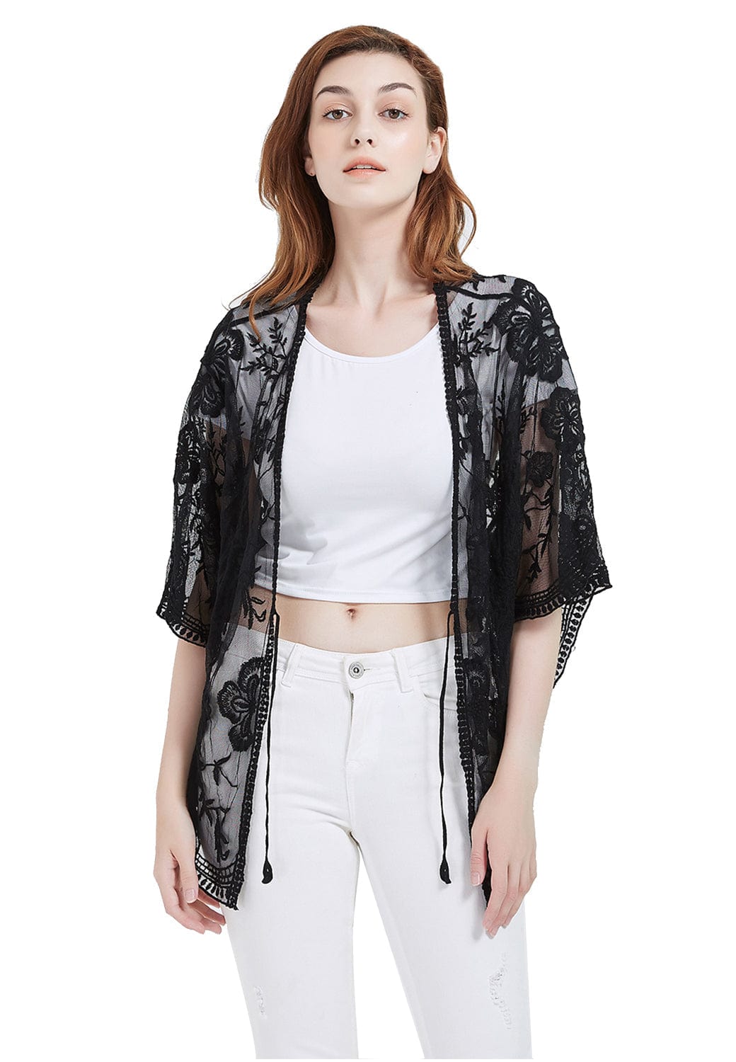 Womens Short Embroidered Lace Kimono Crop Cardigan with Half Sleeves