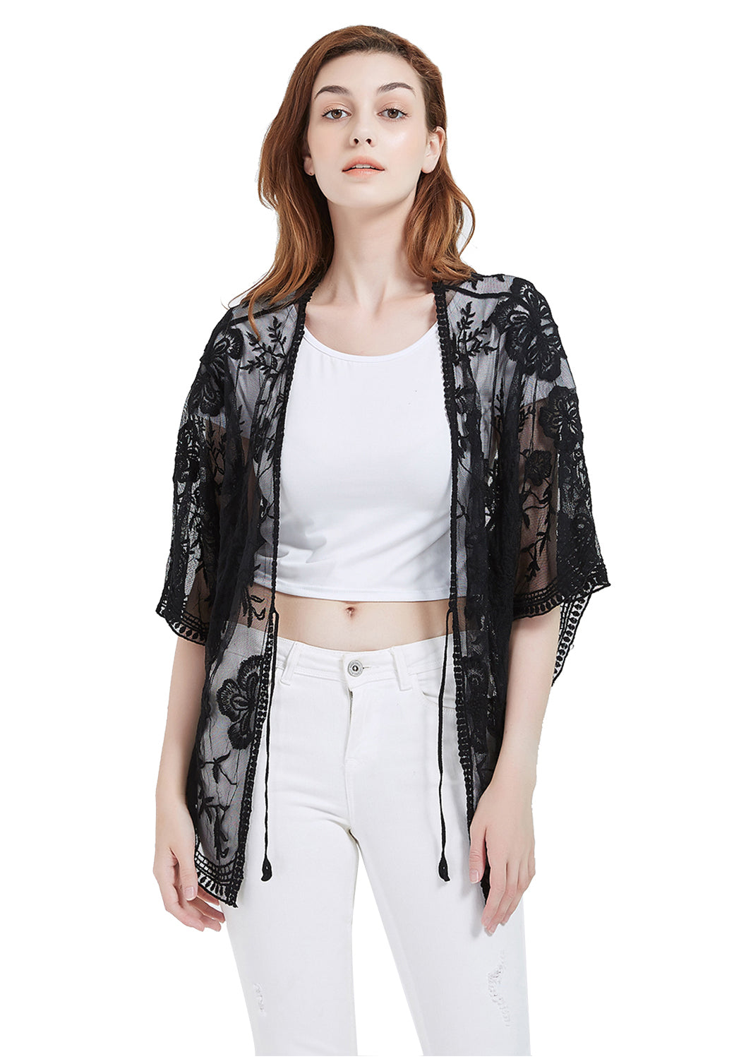 Short Embroidered Lace Kimono Crop Cardigan with Half Sleeves