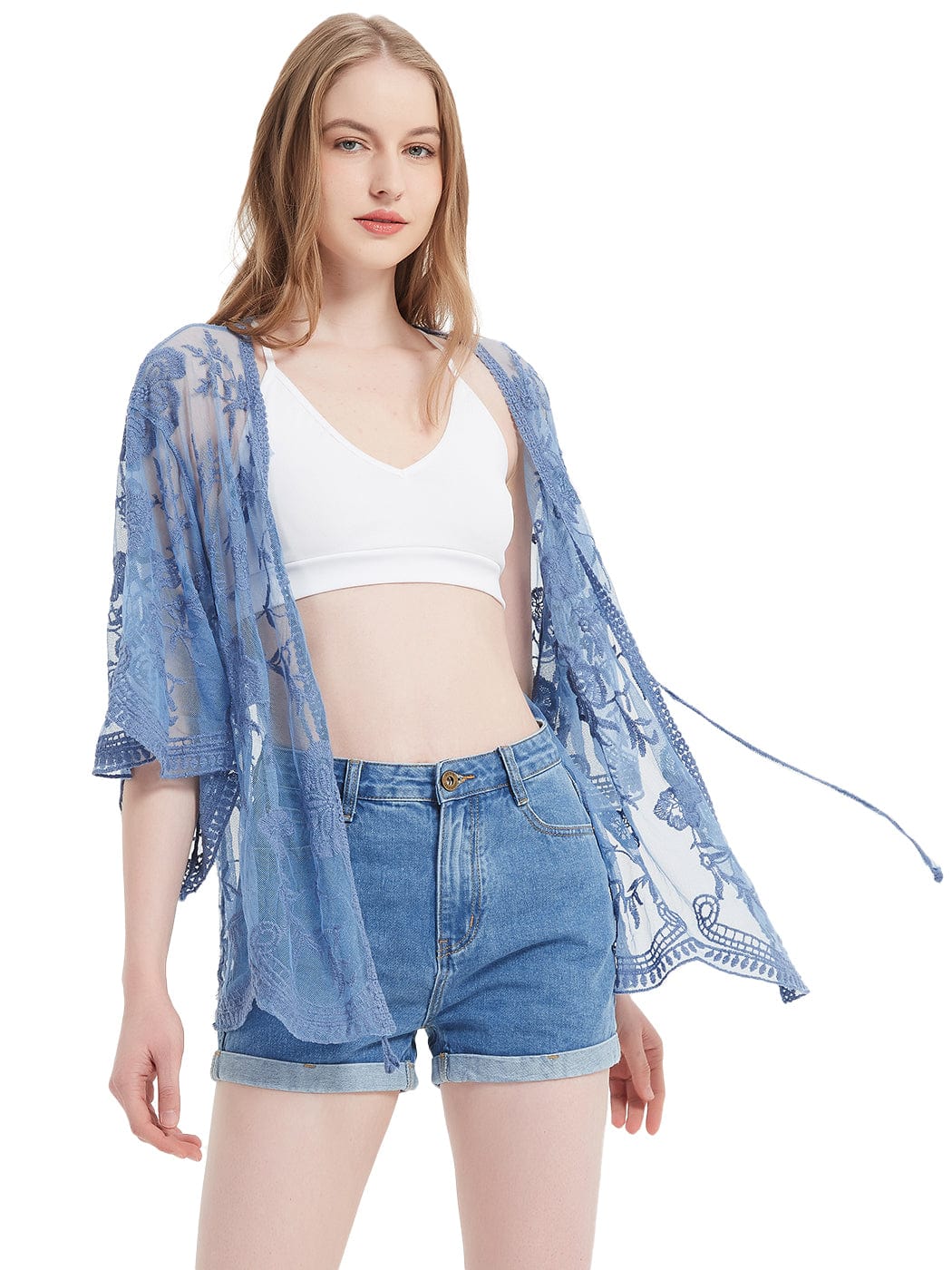 Womens Short Embroidered Lace Kimono Crop Cardigan with Half Sleeves