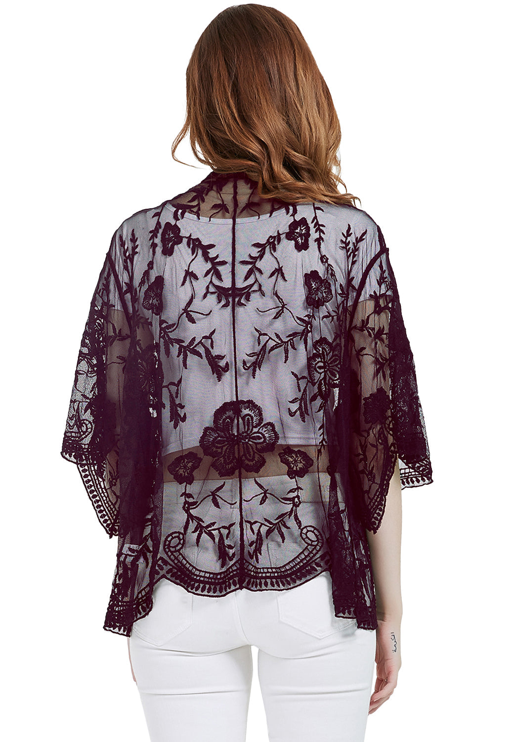 Short Embroidered Lace Kimono Crop Cardigan with Half Sleeves