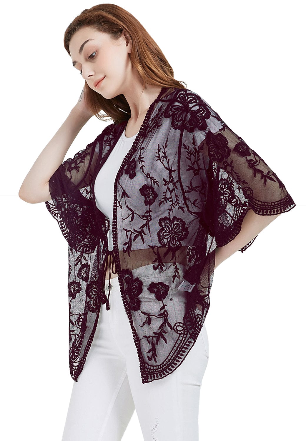 Womens Short Embroidered Lace Kimono Crop Cardigan with Half Sleeves