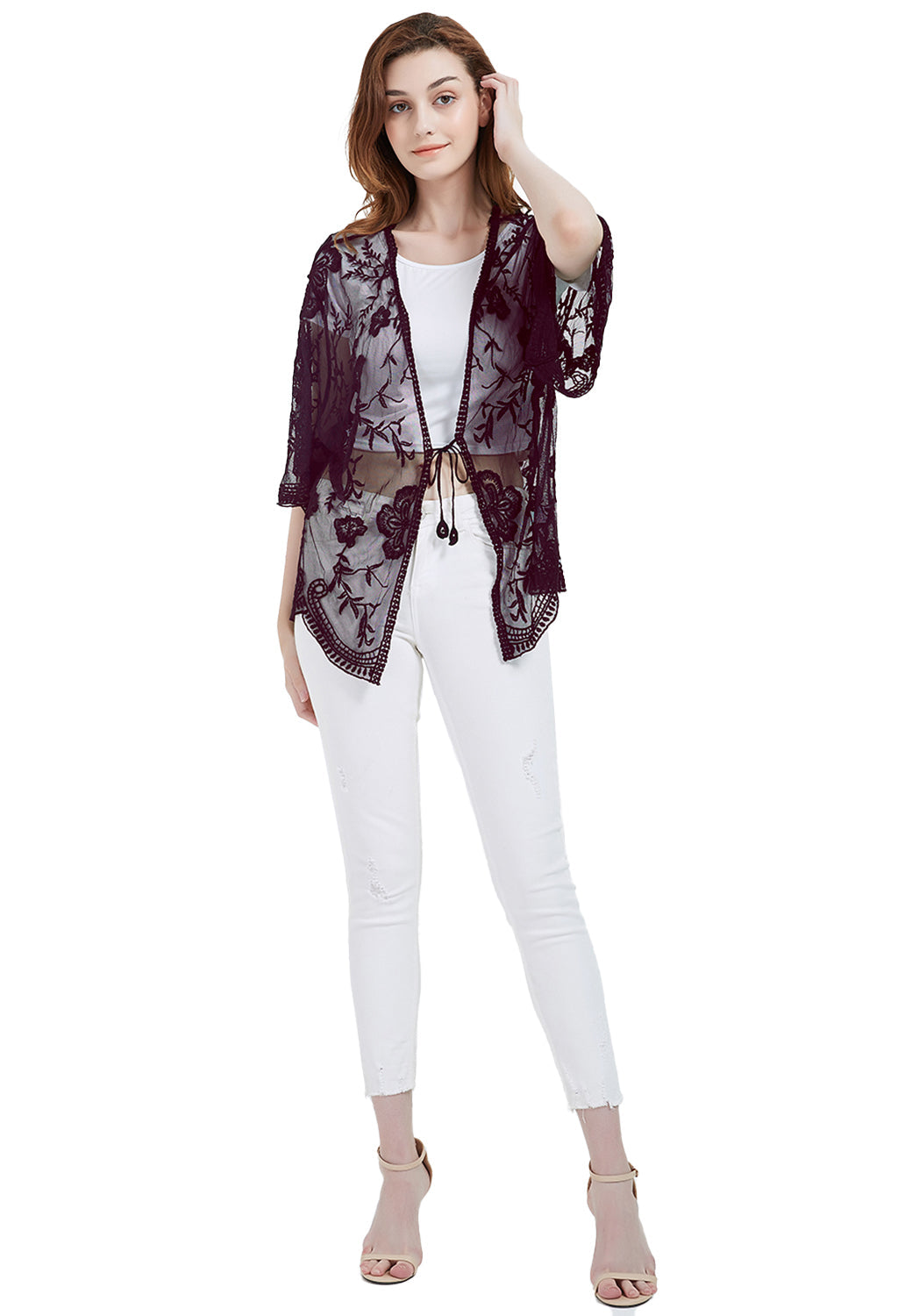 Short Embroidered Lace Kimono Crop Cardigan with Half Sleeves