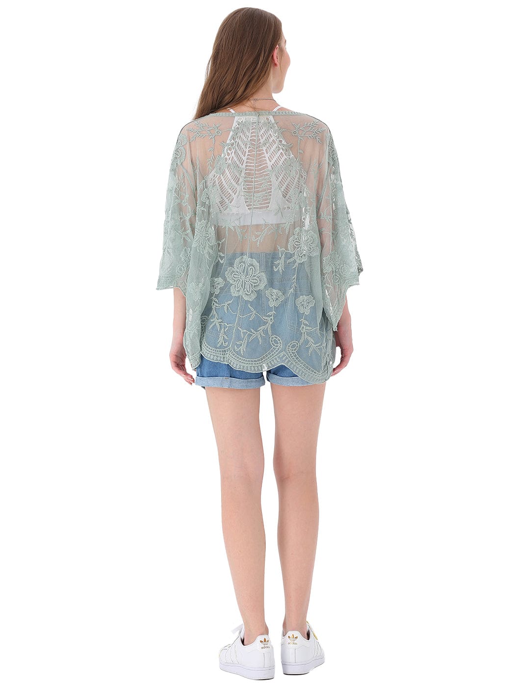 Womens Short Embroidered Lace Kimono Crop Cardigan with Half Sleeves